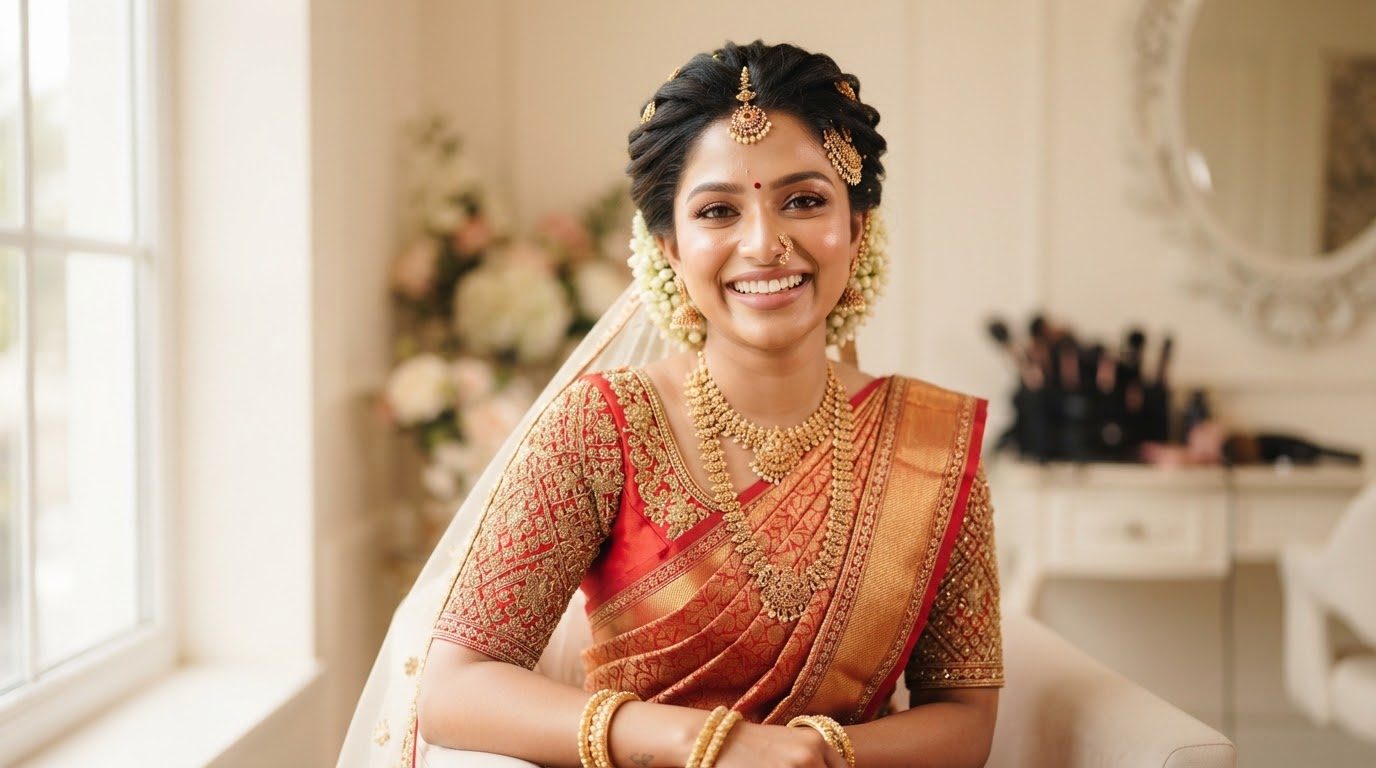 Portrait of happy bride named Divya Menon smiling with soft warm radiant natural makeup.