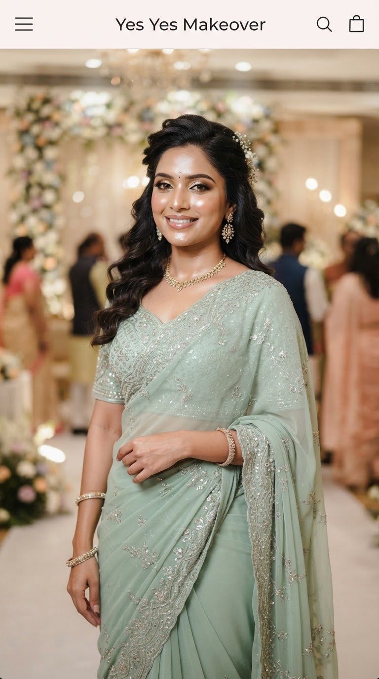 Portrait of bridesmaid Sneha S. wearing a mint saree with radiant glowing party makeup.