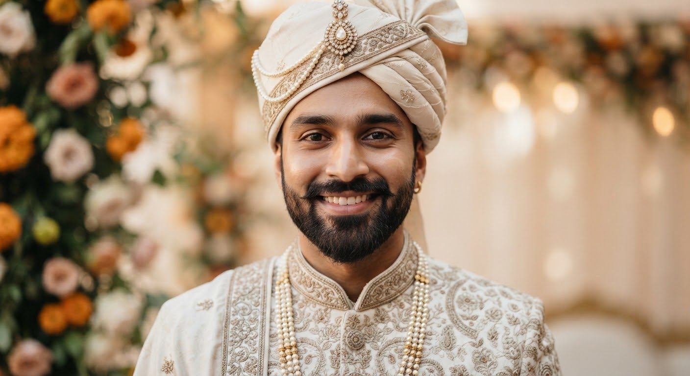 Close up portrait of a smiling groom named Vikram R. looking confident and natural.