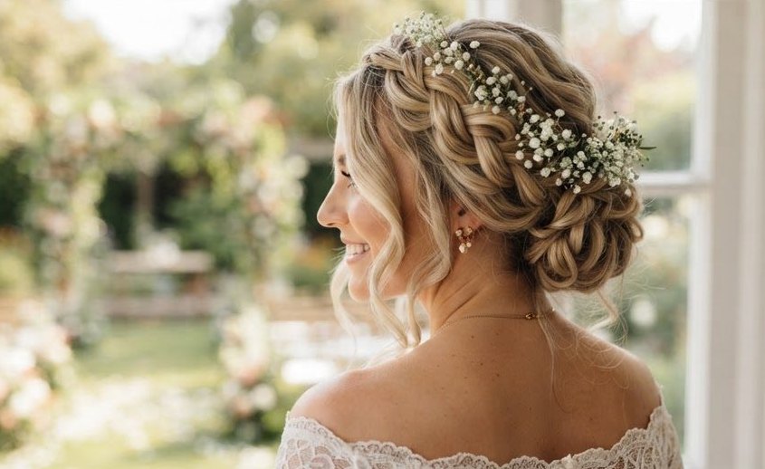 Bohemian bridal hairstyle with loose textured crown braids, soft cascading tendrils around the face, and baby's breath gypsophila flowers