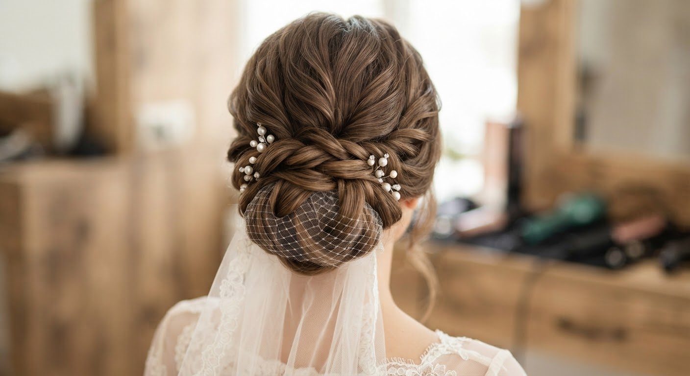 Close up of an intricate low bridal chignon bun with delicate textured twists, anchored pearl hair pins, and discreet netting for heavy veil placement