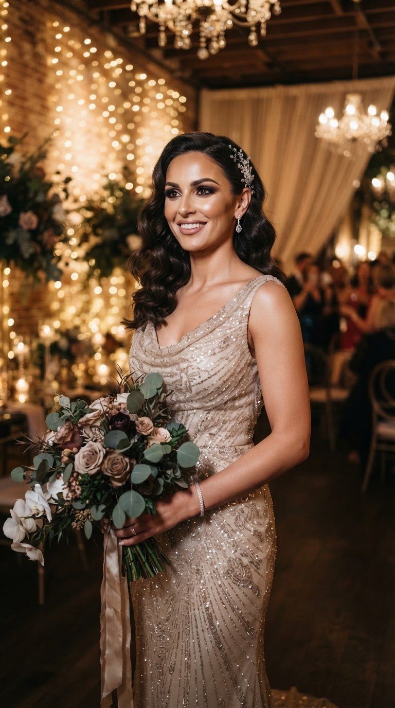 Editorial portrait of a high fashion bride styled for an evening reception wearing a modern metallic champagne gown, smokey eyes, sculpted cheekbones, romantic waves in dark hair, illuminated by ambient fairy lights in a luxury boutique hotel ballroom.