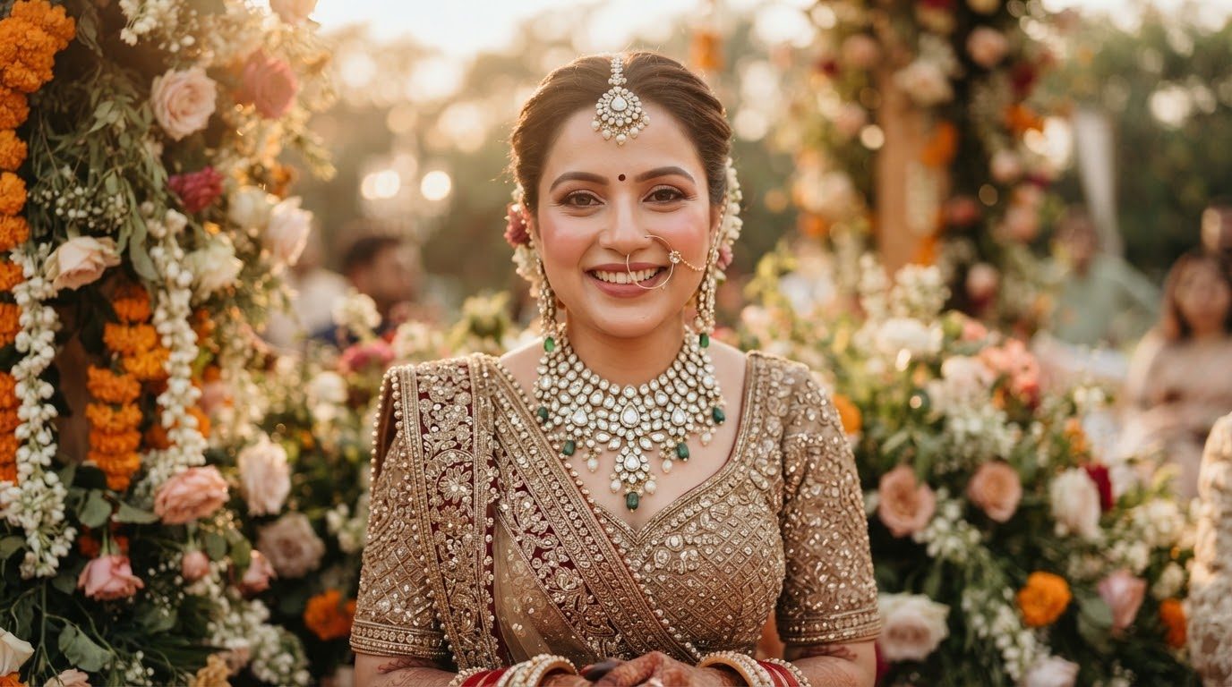 Close up of an elegant Indian bride styled by Yes Yes Makeover wearing an ornate gold and maroon embroidered lehenga, statement polki jewelry set with maang tikka, smiling radiantly in soft golden hour warm lighting surrounded by lush floral decor.