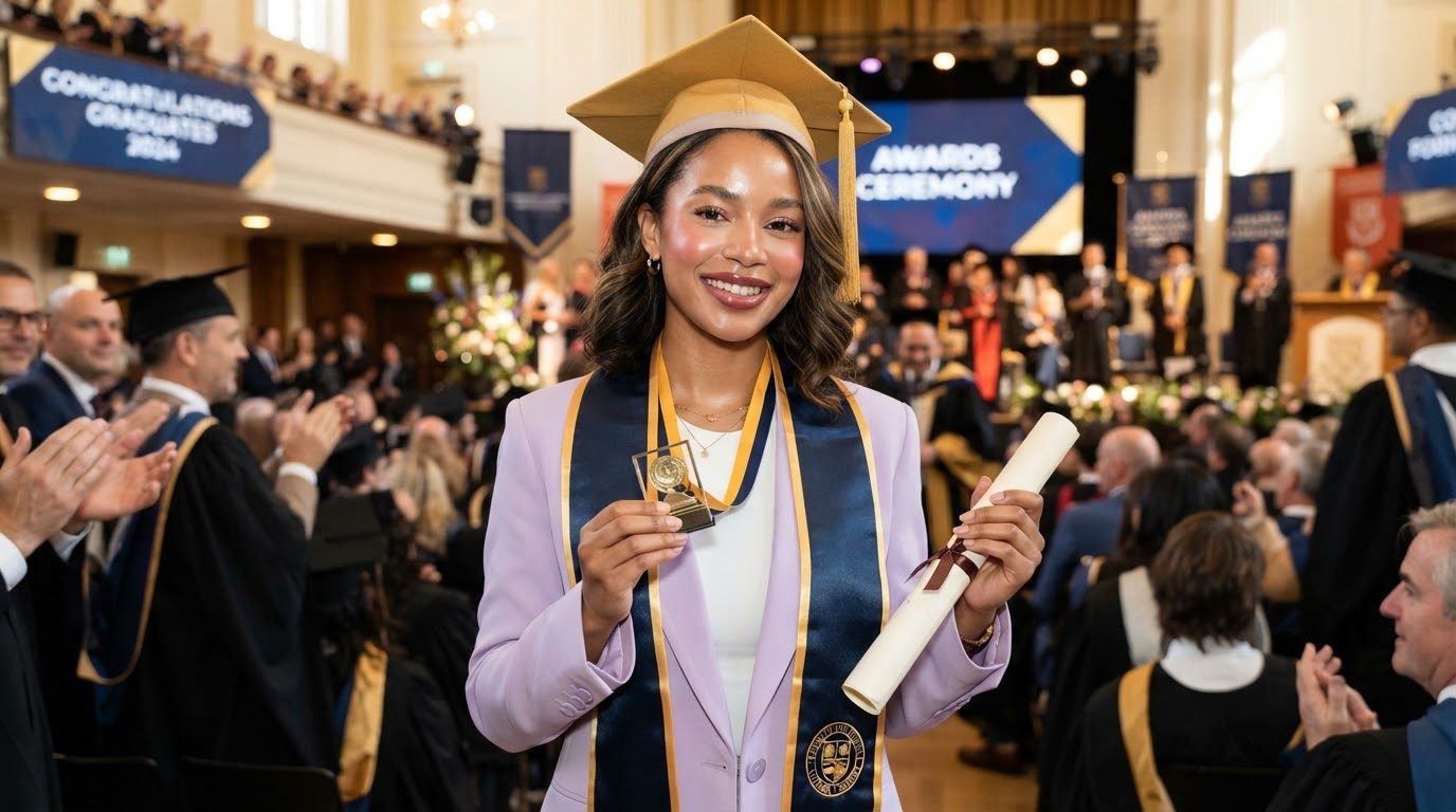 Radiant young woman celebrating graduation and award ceremony, wearing modern pastel power blazer with soft luminous natural makeup, brushed-up brow styling, and sheer berry tinted gloss.
