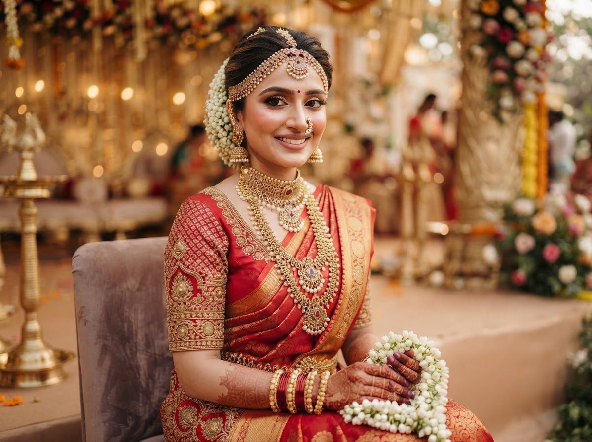 Muhurtham bride in a red Kanjeevaram silk saree with temple jewellery and jasmine