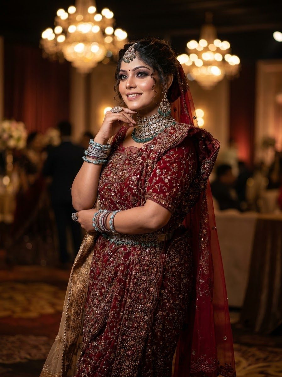 Reception bride in a maroon embroidered lehenga under crystal chandeliers