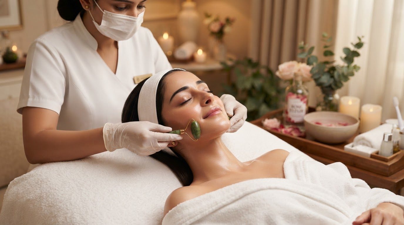 Serene woman receiving a luxury pre-bridal glow facial treatment, gentle lymphatic jade roller sculpting on dewy radiant bare skin with botanical rose extracts and ambient warm spa lighting