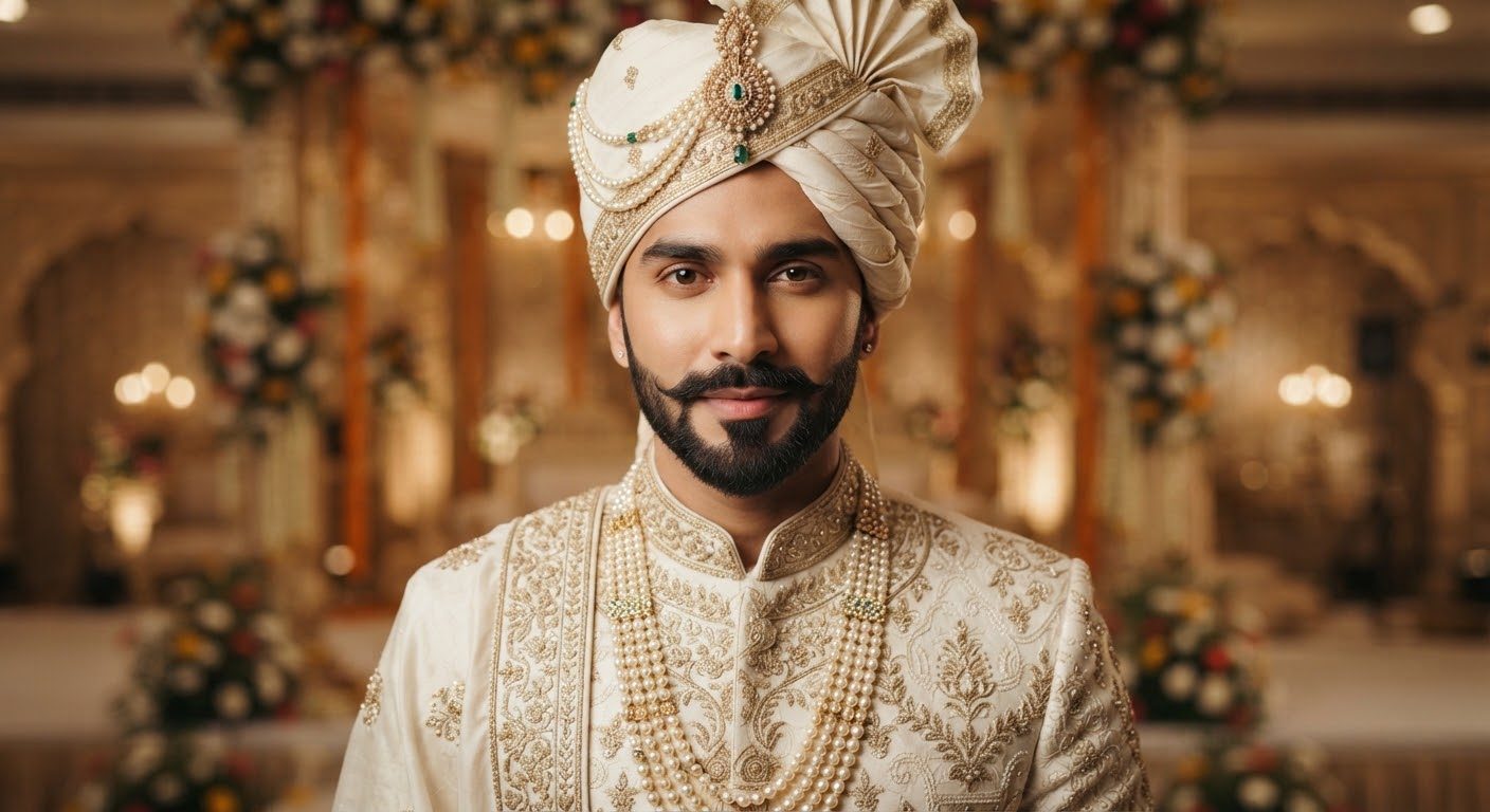 Editorial close portrait of a handsome Indian groom wearing an ivory embroidered sherwani and royal pagdi, showcasing clean matte skin grooming, sharp beard detailing, and subtle cinematic lighting