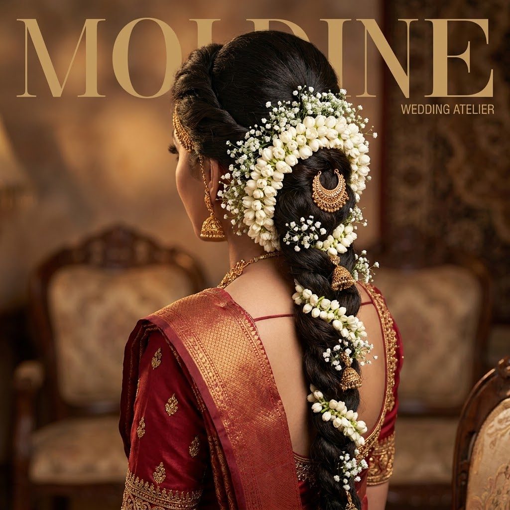 Bridal braid finished with jasmine strings and a gold jadai ornament