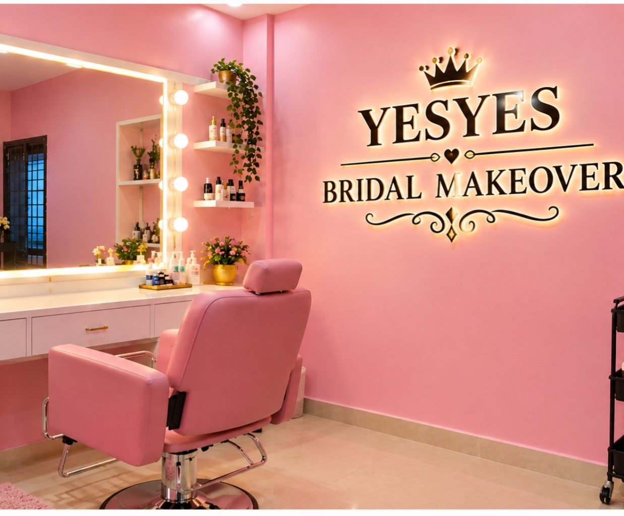 The pink Yes Yes Bridal Makeover studio with lit vanity mirror and styling chair